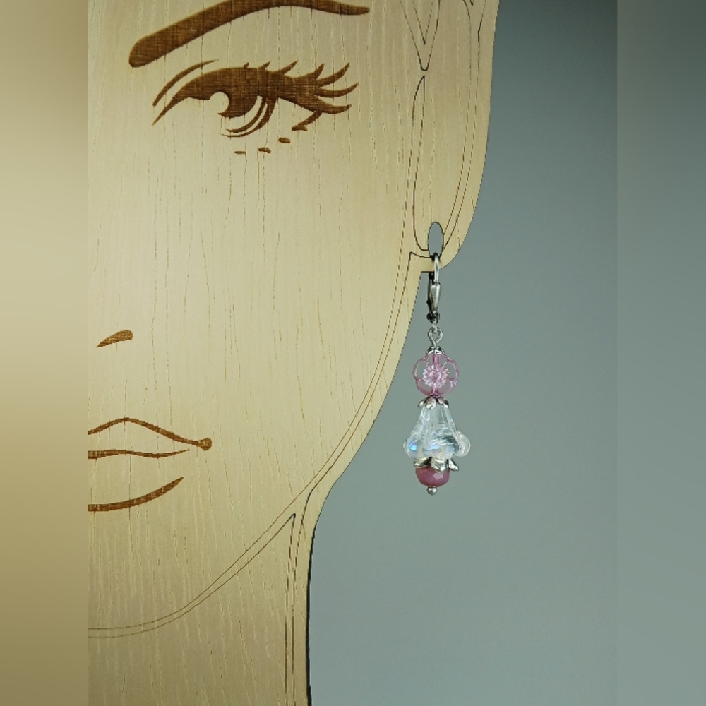 Pink Czech Glass Flower Earrings Spring Blossom Cottage Garden Hand Crafted - Picture 5 of 6